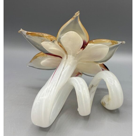 Vtg Handblown Glass Flower Paperweight‎ Beige Red Decor Spiral Stem - Picture 4 of 6